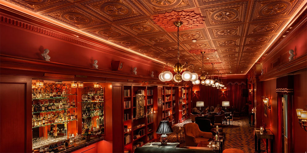 PL01 Aged Copper Ceiling Tiles Complete a Red Library Lounge