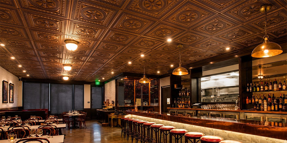 Aged Copper Ceiling Tiles Turn a Modern Restaurant into a Warm Dining Destination