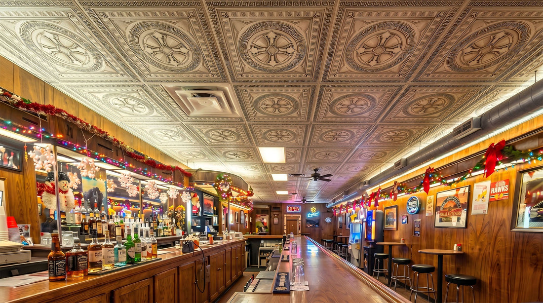 PL01 Antique White faux tin ceiling tiles installed in a welcoming bar