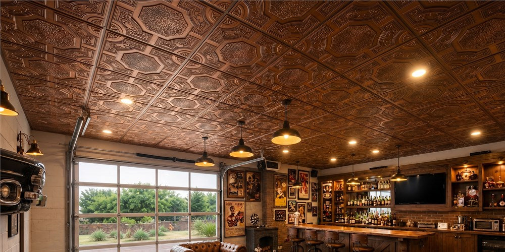 How PL02 Aged Copper Ceiling Tiles Turn a Garage Bar into a Vintage Showpiece