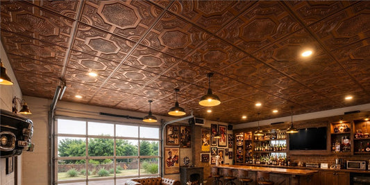 PL02 Aged Copper ceiling tiles installed in a vintage garage bar with a glass garage door
