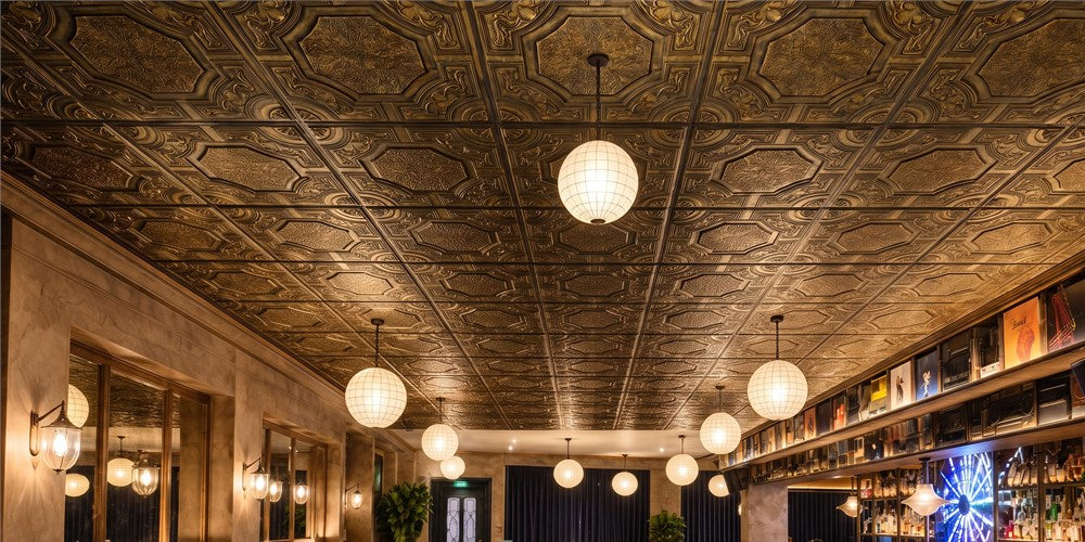 PL02 Antique Gold Ceiling Tiles Crown a Record-Lined Cocktail Bar