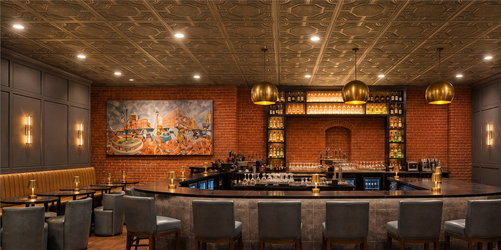 PL02 Antique Gold faux tin ceiling tiles installed in a modern brick bar