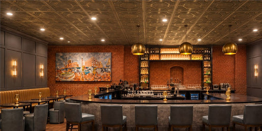PL02 Antique Gold faux tin ceiling tiles installed in a modern brick bar