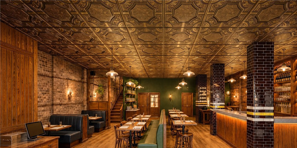 PL02 Antique Gold Ceiling Tiles Give a Brick Restaurant a Grand Vintage Finish