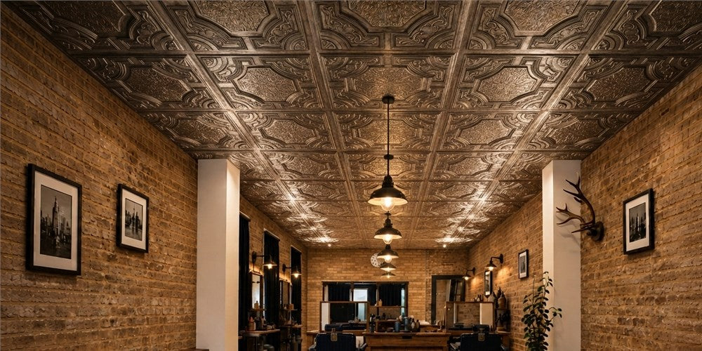 Reading the Light: PL02 Antique Tin Ceiling Tiles in a Vintage Barbershop
