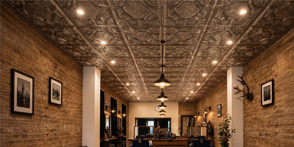 Long brick-lined barbershop with PL02 Antique Tin decorative ceiling panels