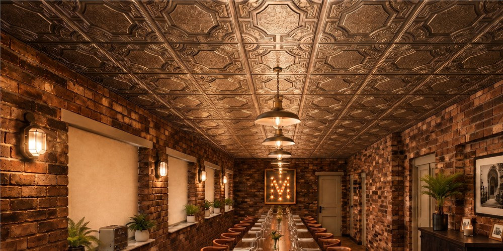 PL02 Antique Tin Ceiling Tiles Turn a Brick Dining Room into an Intimate Supper Club