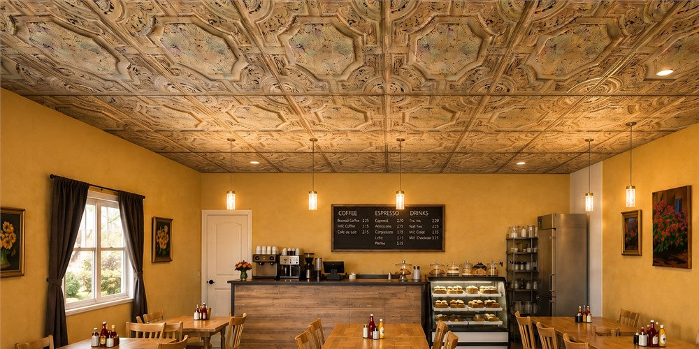 A Distressed Multicolor White PL02 Ceiling Brings Old-World Character to a Sunny Café