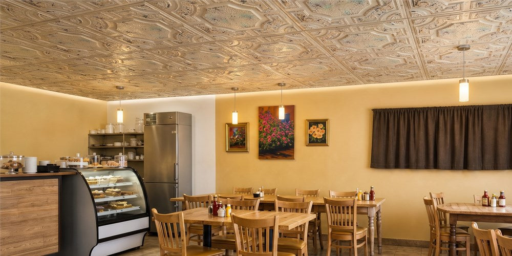 PL02 Distressed Multicolor White Ceiling Tiles Add Artisan Patina to a Cozy Café