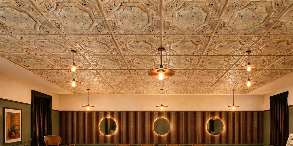 PL02 Distressed Multicolor White Ceiling Tiles Soften an Olive-Green Bistro