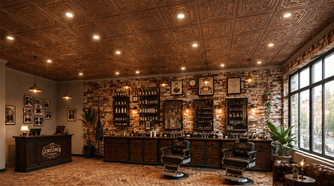 PL04 Weathered Copper ceiling tiles installed in a vintage barbershop