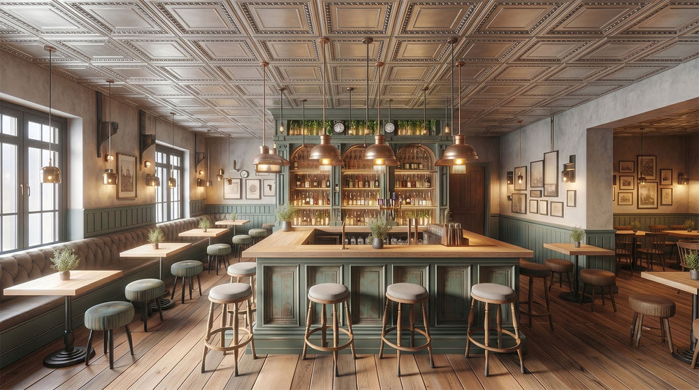 How PL06 Antique White Ceiling Tiles Brighten a Classic Neighborhood Bar