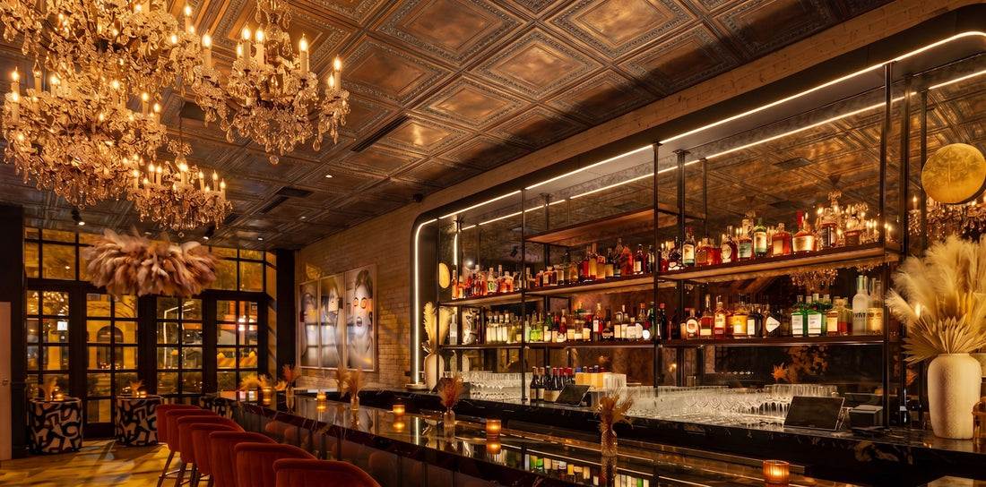 PL06 Weathered Copper ceiling tiles installed above an elegant cocktail bar