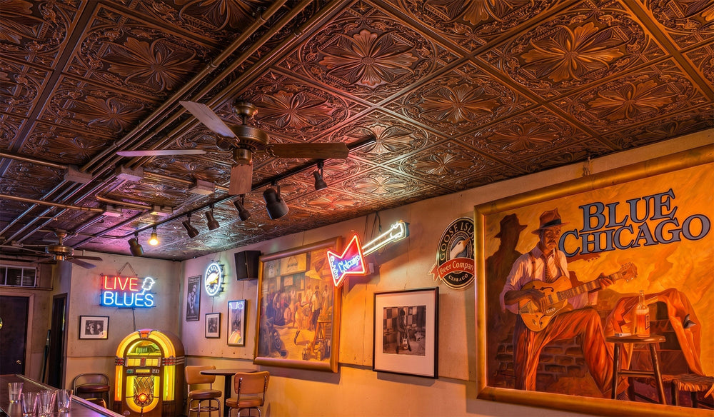 Vintage Blues Bar Makeover with PL10 Aged Copper Faux Tin Ceiling Tiles