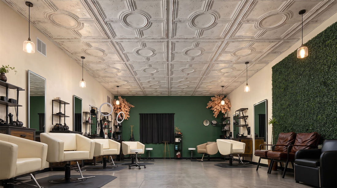 PL37 Distressed White faux tin ceiling tiles installed in a modern salon