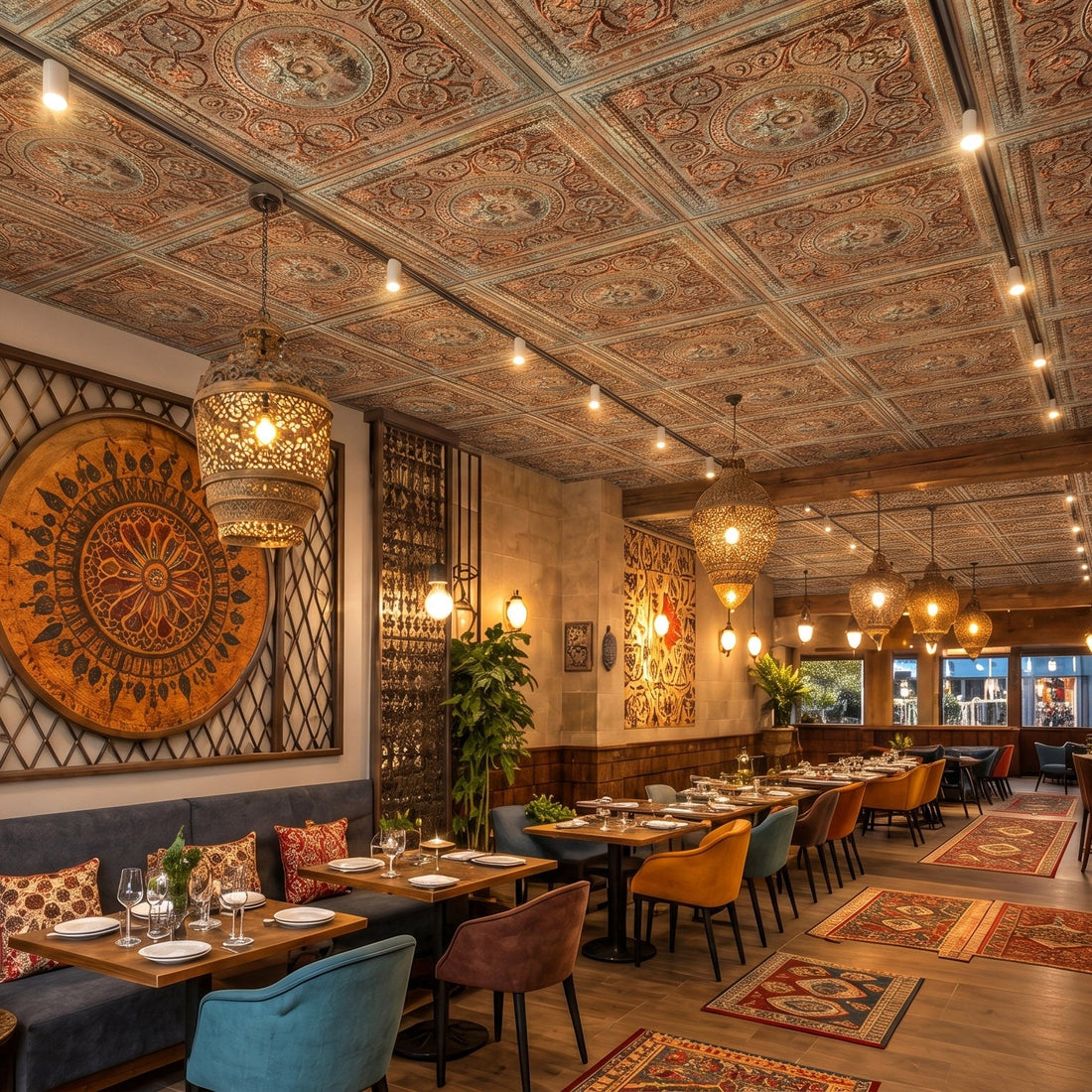 PL83 Palazzo Clay faux tin ceiling tiles installed in an elegant restaurant