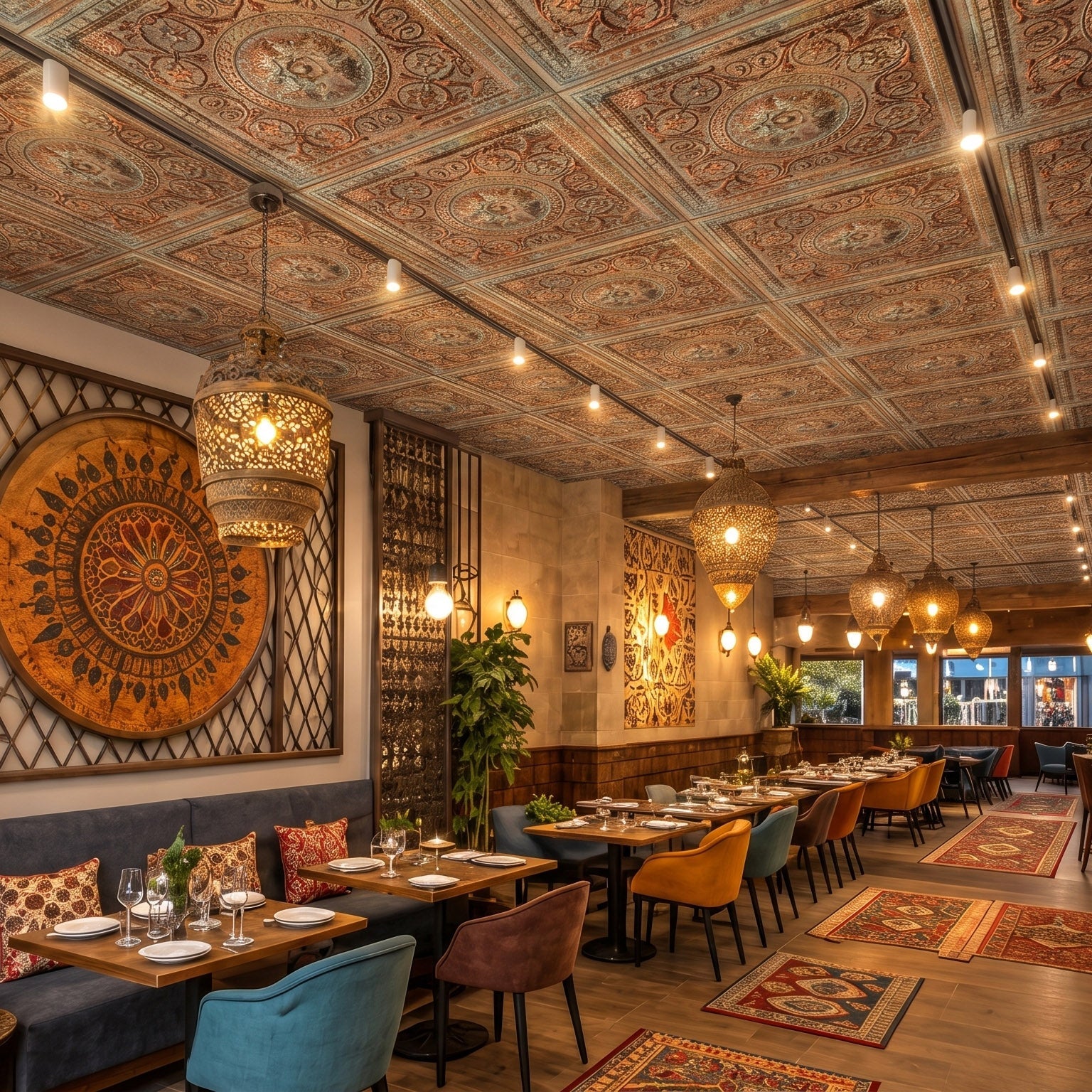 Restaurant Ceiling Makeover with PL83 Palazzo Clay Faux Tin Ceiling Tiles