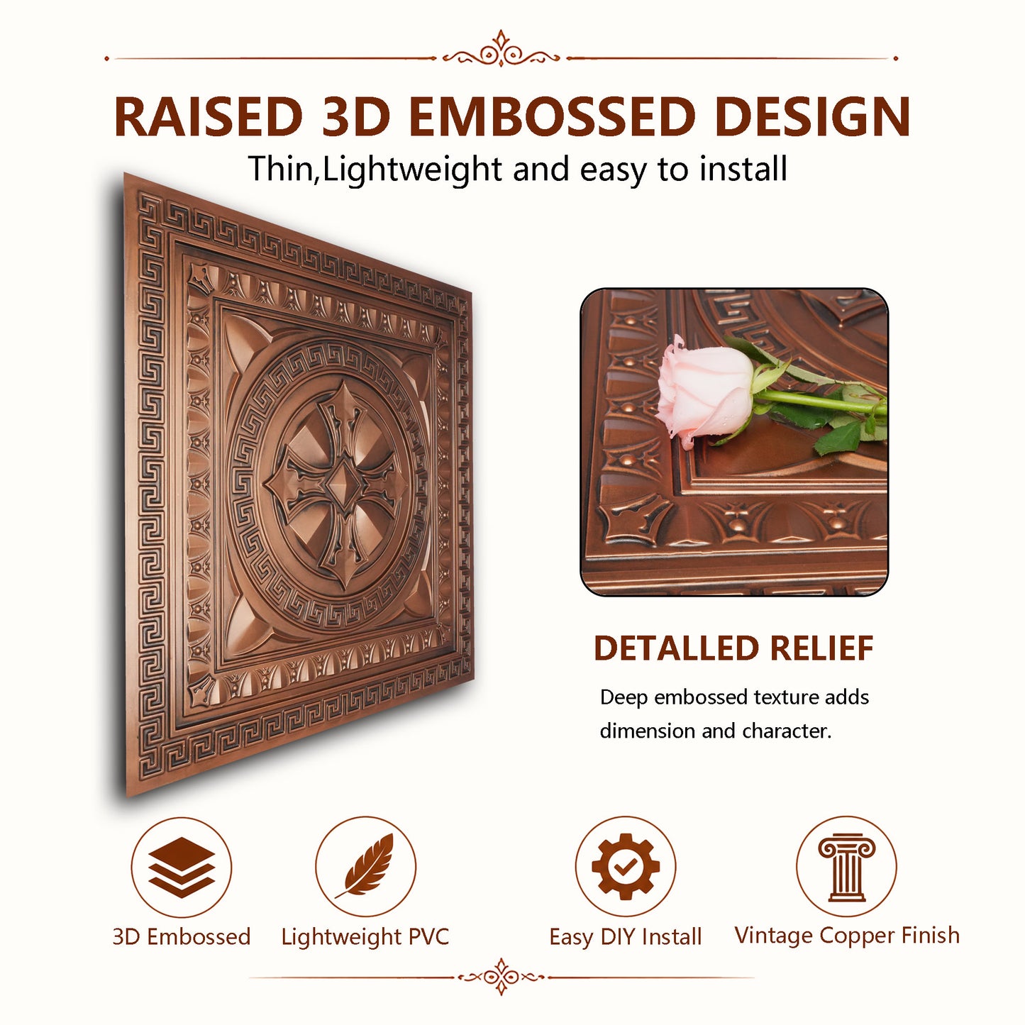 PAINTSDECOR 3D Ceiling Tiles 2x2 ft PVC PL01 Aged copper 10/Pack