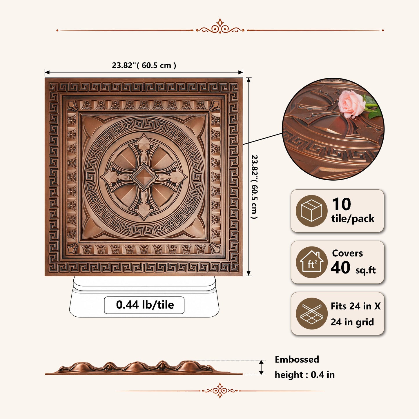 PAINTSDECOR 3D Ceiling Tiles 2x2 ft PVC PL01 Aged copper 10/Pack