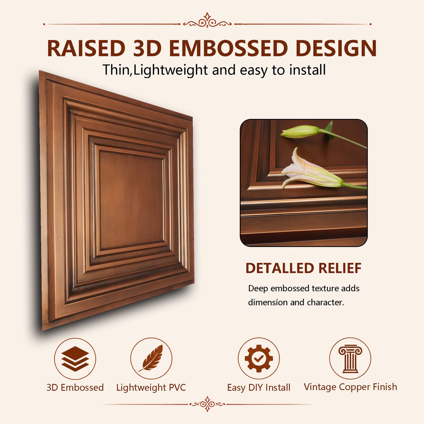 PAINTSDECOR PL05 2x2 ft PVC Drop-In Ceiling Tiles, Aged Copper, 10-Pack