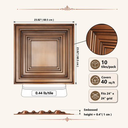 PAINTSDECOR PL05 2x2 ft PVC Drop-In Ceiling Tiles, Aged Copper, 10-Pack