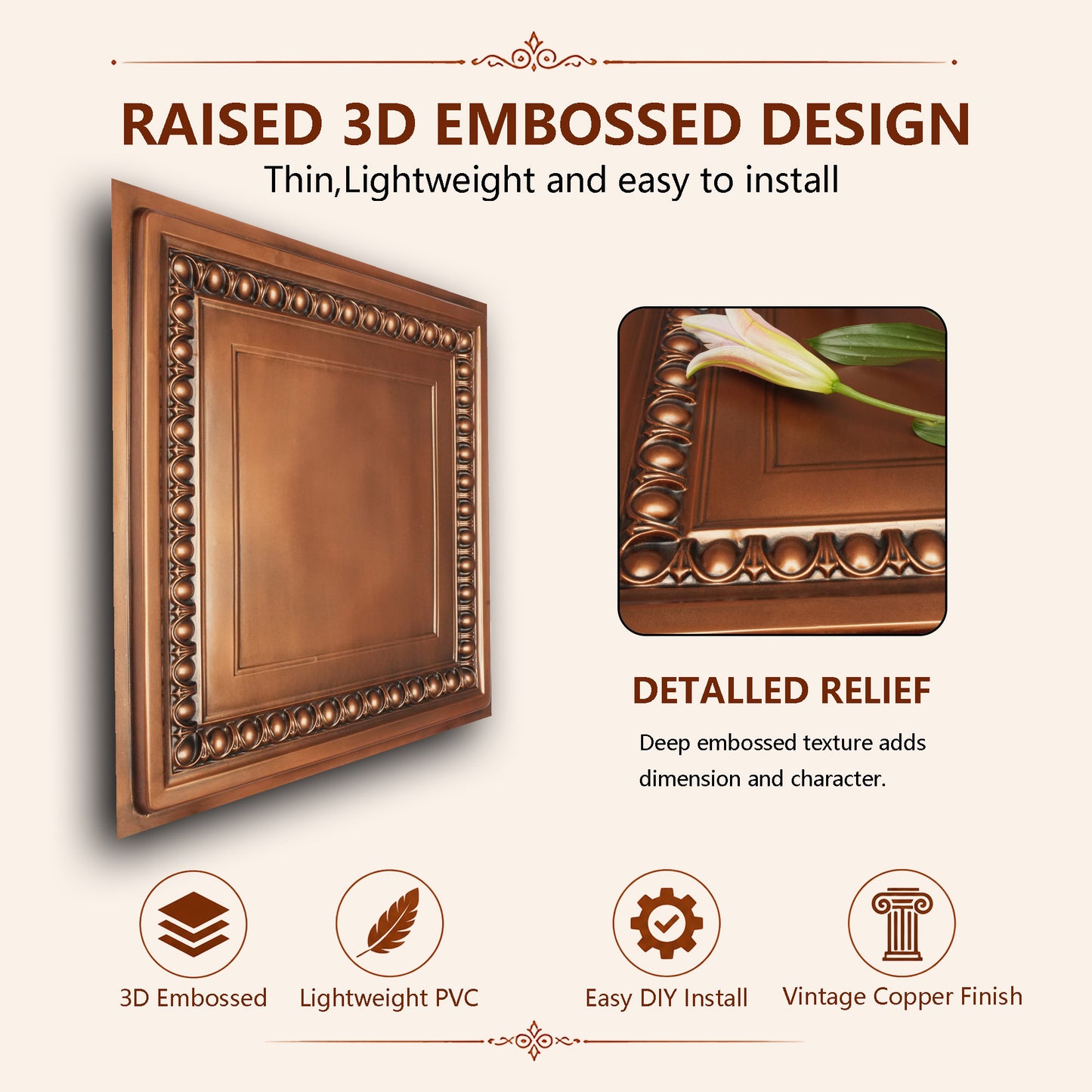 PAINTSDECOR PL06 2x2 ft PVC Ceiling Tiles, Aged Copper, Drop-In or Glue-Up, 10-Pack