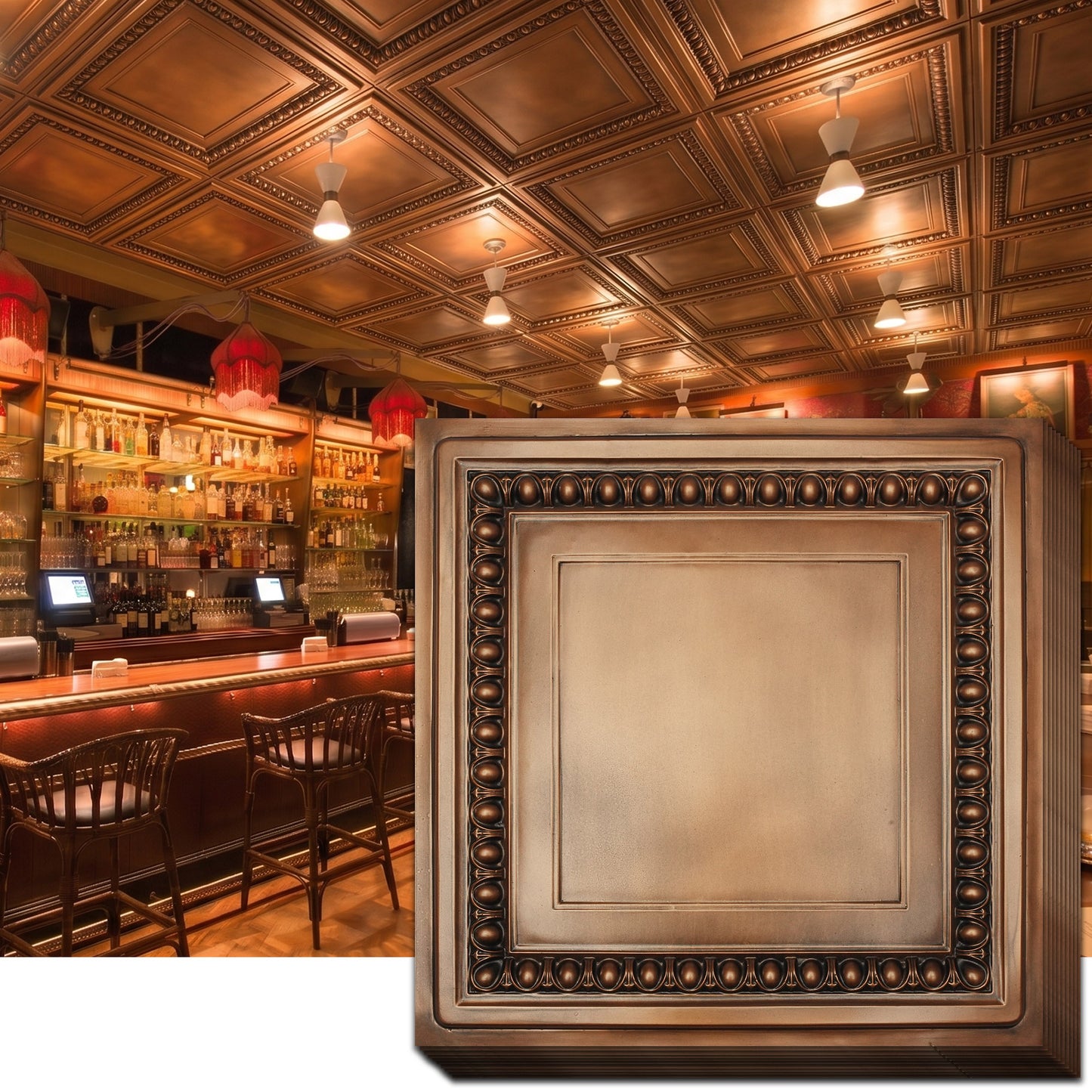 PAINTSDECOR PL06 2x2 ft PVC Ceiling Tiles, Aged Copper, Drop-In or Glue-Up, 10-Pack