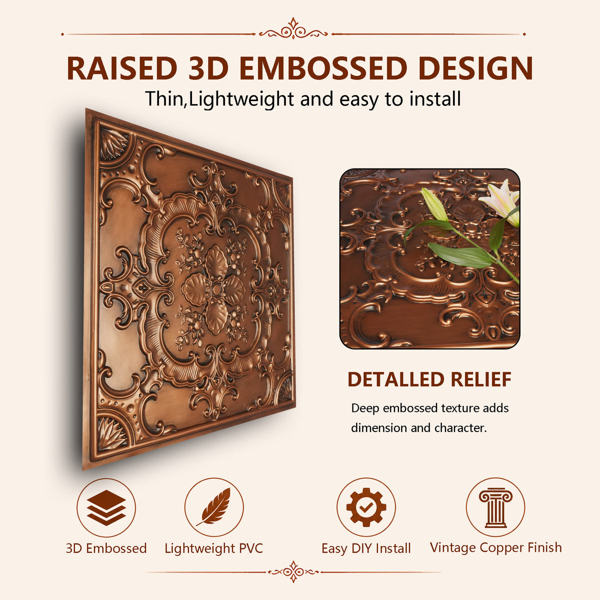 PAINTSDECOR PL19 Aged copper PVC ceiling tile product detail