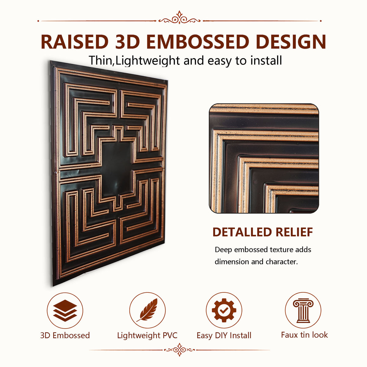 PAINTSDECOR PL25 Traditional copper PVC ceiling tile product detail