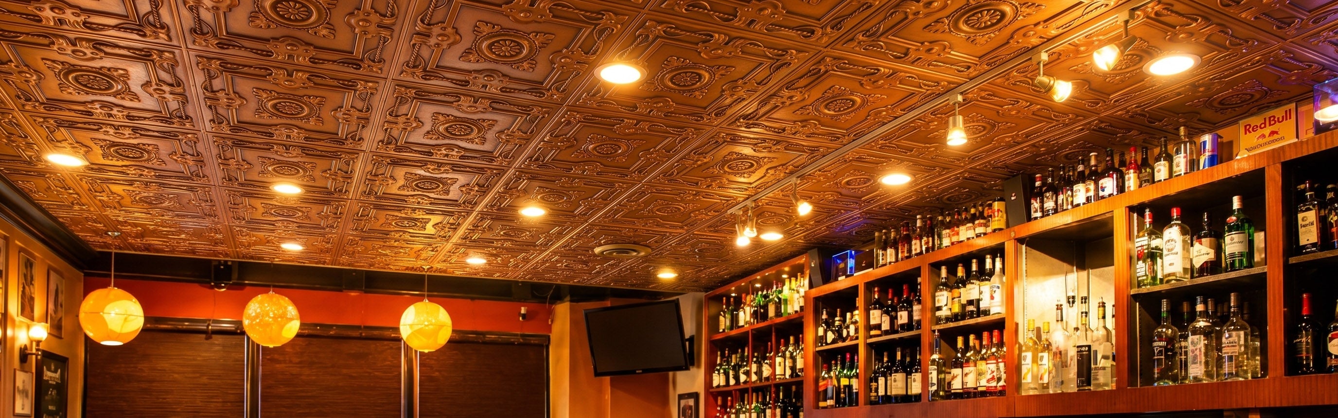 PL29 antique copper faux tin ceiling installed in a bar