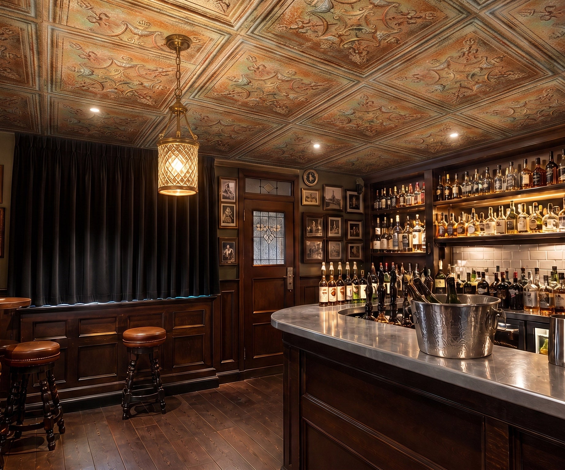 PL07PC faux tin ceiling tiles in a heritage bar interior