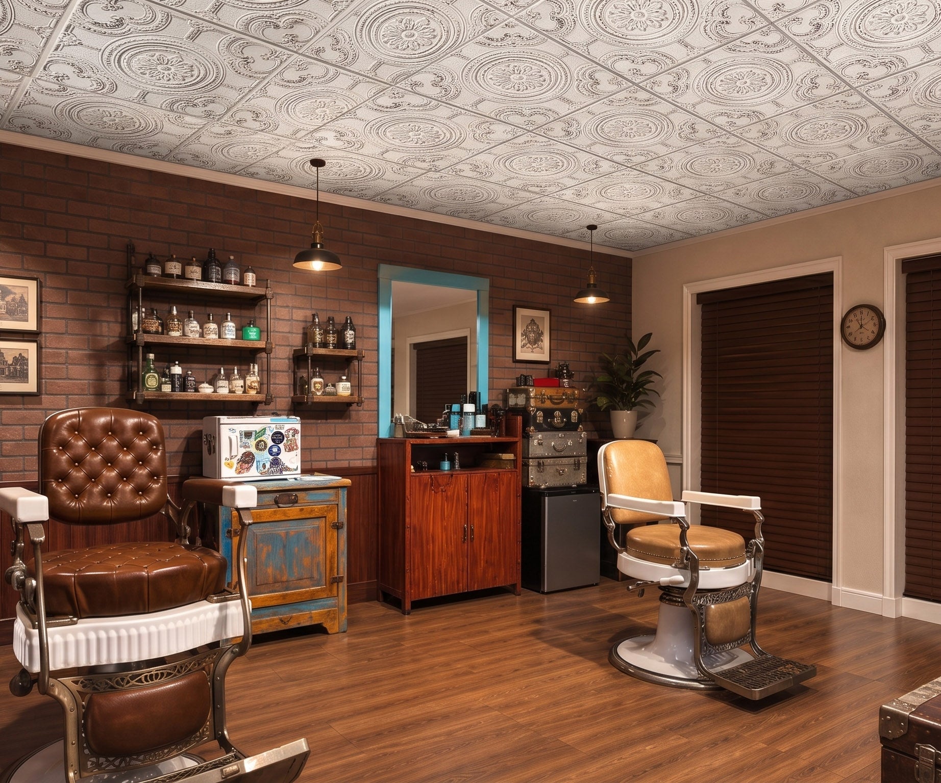 PL50DCWB faux tin ceiling tiles in a vintage studio interior